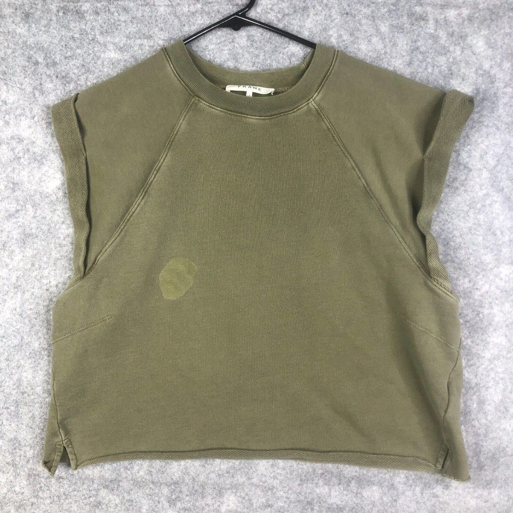 FRAME Rolled Up Cropped Sleeveless Sweatshirt Washed Moss size Large Flaw
